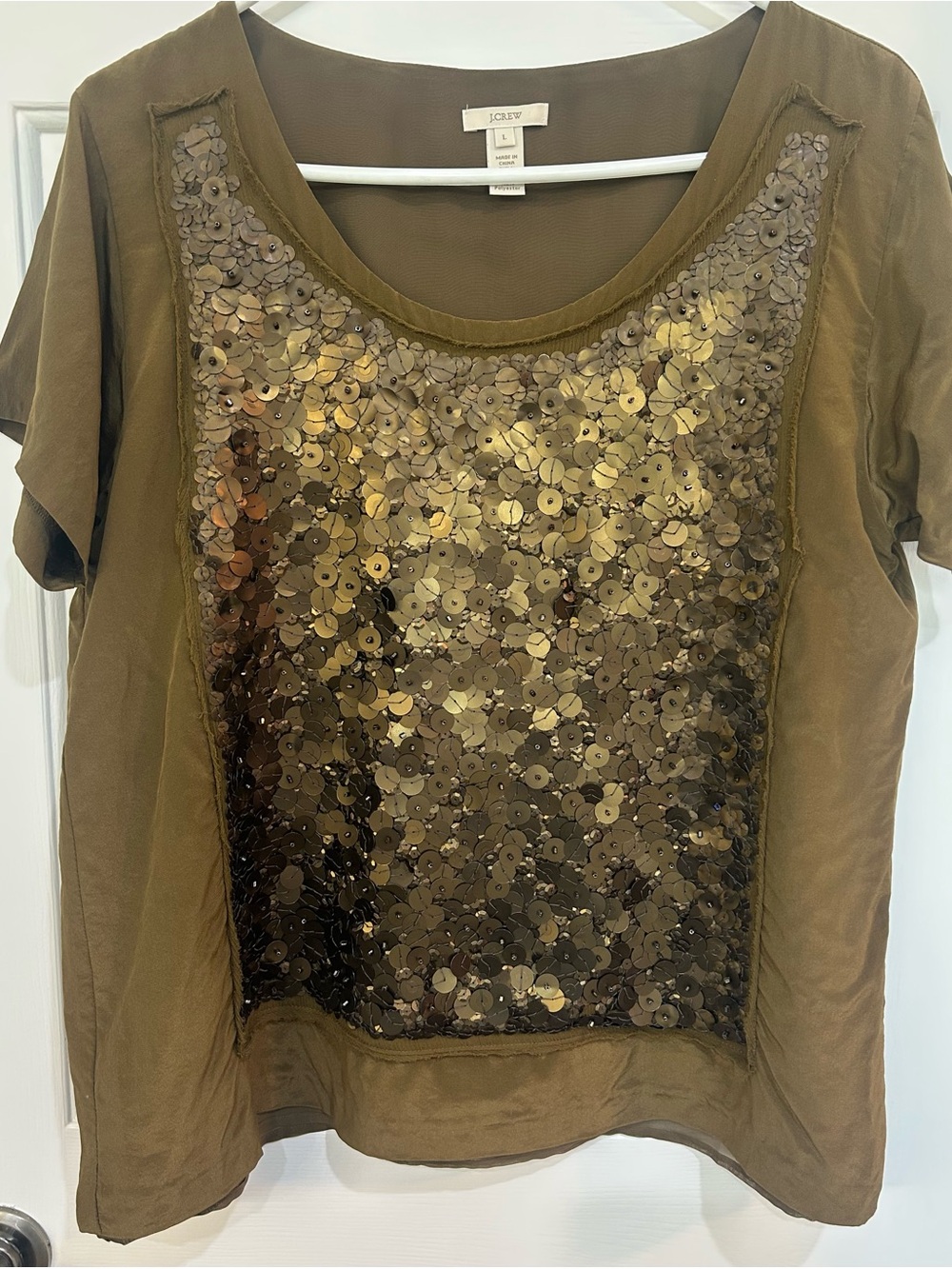 J. Crew Sequin Panel Raw Edge Silk Trim Short Sleeve Shirt Large - Picture 9 of 9